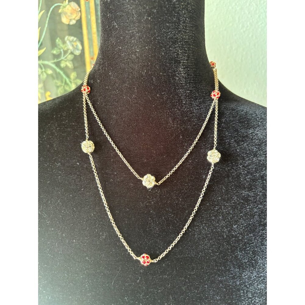 Sterling Silver Rolo Necklace Red & Clear Rhinestone Stations